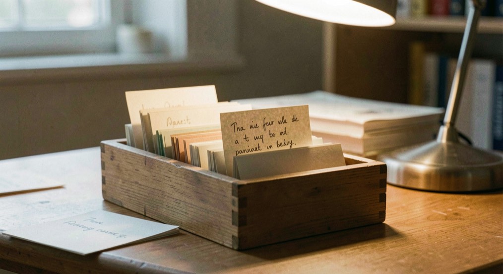 Kaartenbak met beschreven fiches op een houten tafel, waarvan er een omhoog staat en het licht van een leeslamp opvangt