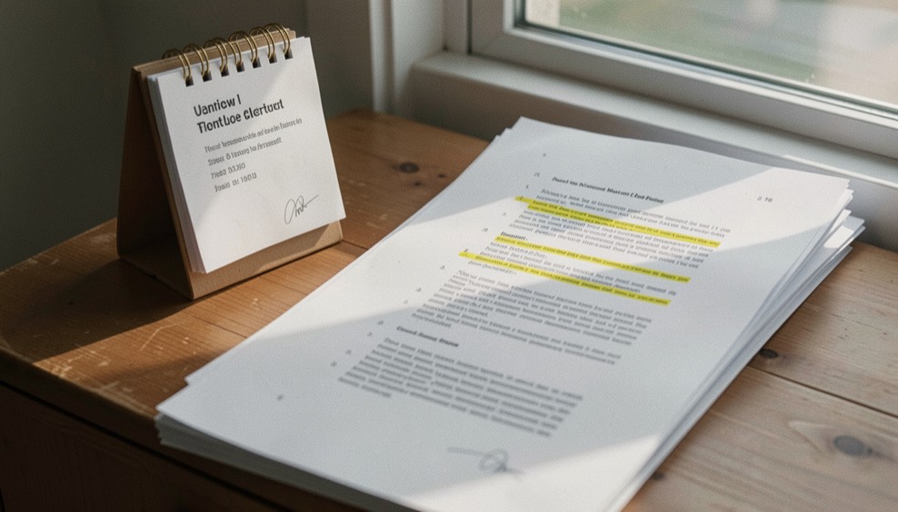 Bureaukalender naast een stapel uitgeprinte documenten met gemarkeerde passages, in het licht van een raam
