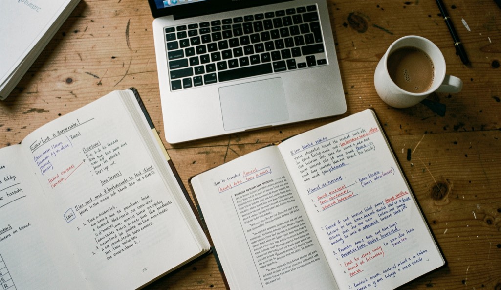Werktafel van een redactie met een laptop, papieren met aantekeningen in de marge en een mok koffie, van bovenaf gezien