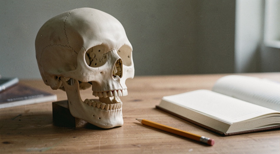 Anatomisch model van een schedel met onderkaak op een bureau, met daarnaast een geopend notitieboek en een potlood