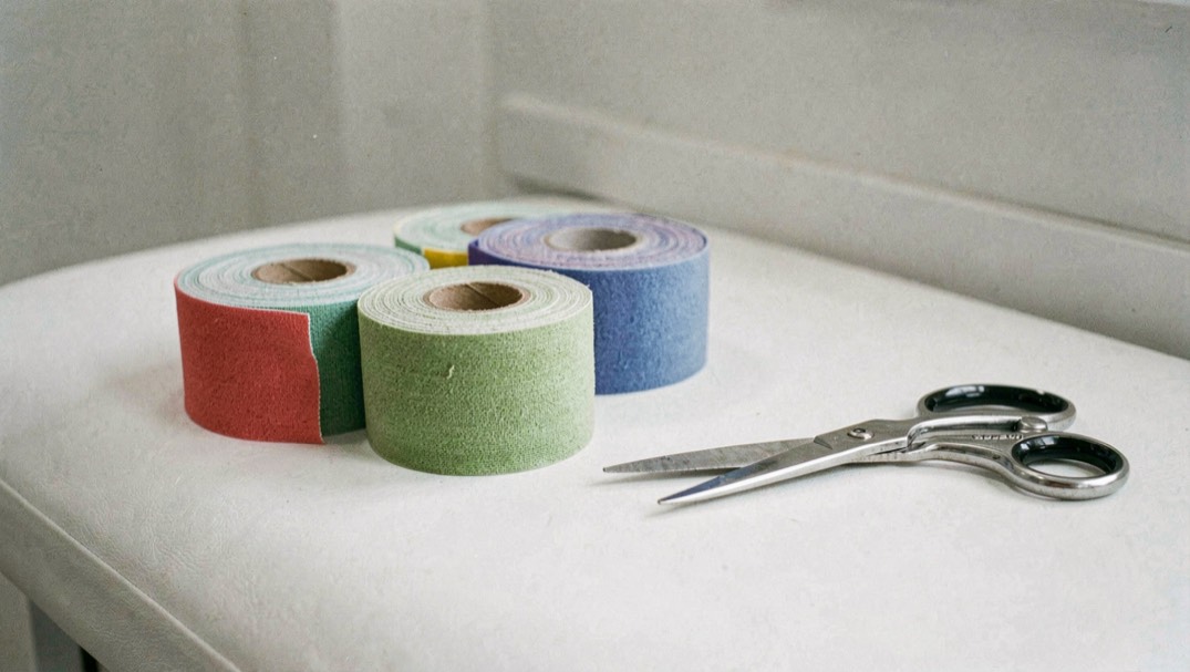 Rollen elastische tape in verschillende kleuren naast een schaar op een witte behandeltafel, van dichtbij en scherp gefotografeerd