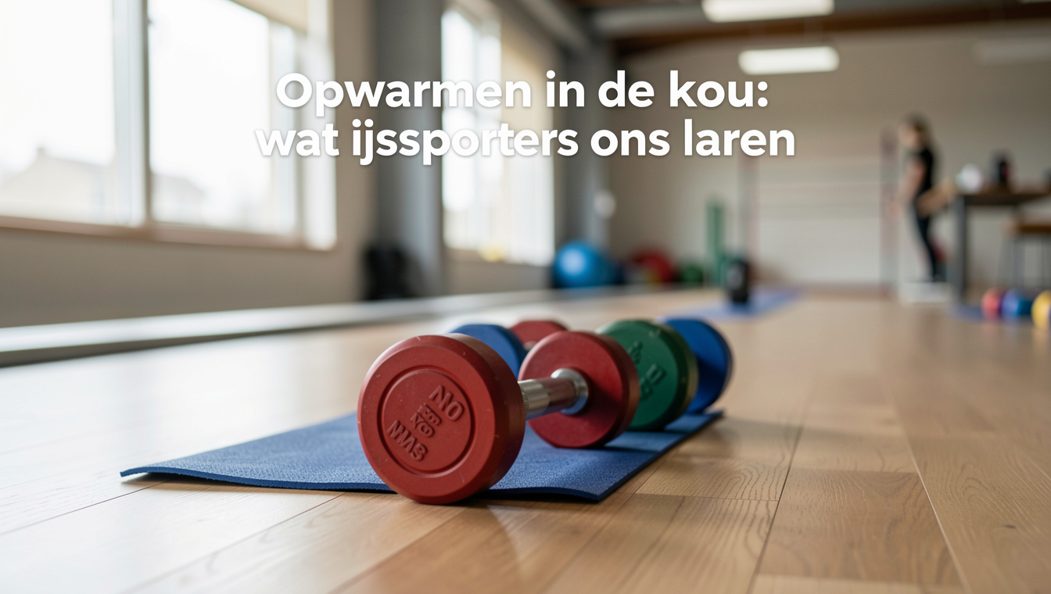 Schaatsen en handschoenen op de rand van een ijsbaan, met de banden en het lege ijs in koud licht op de achtergrond